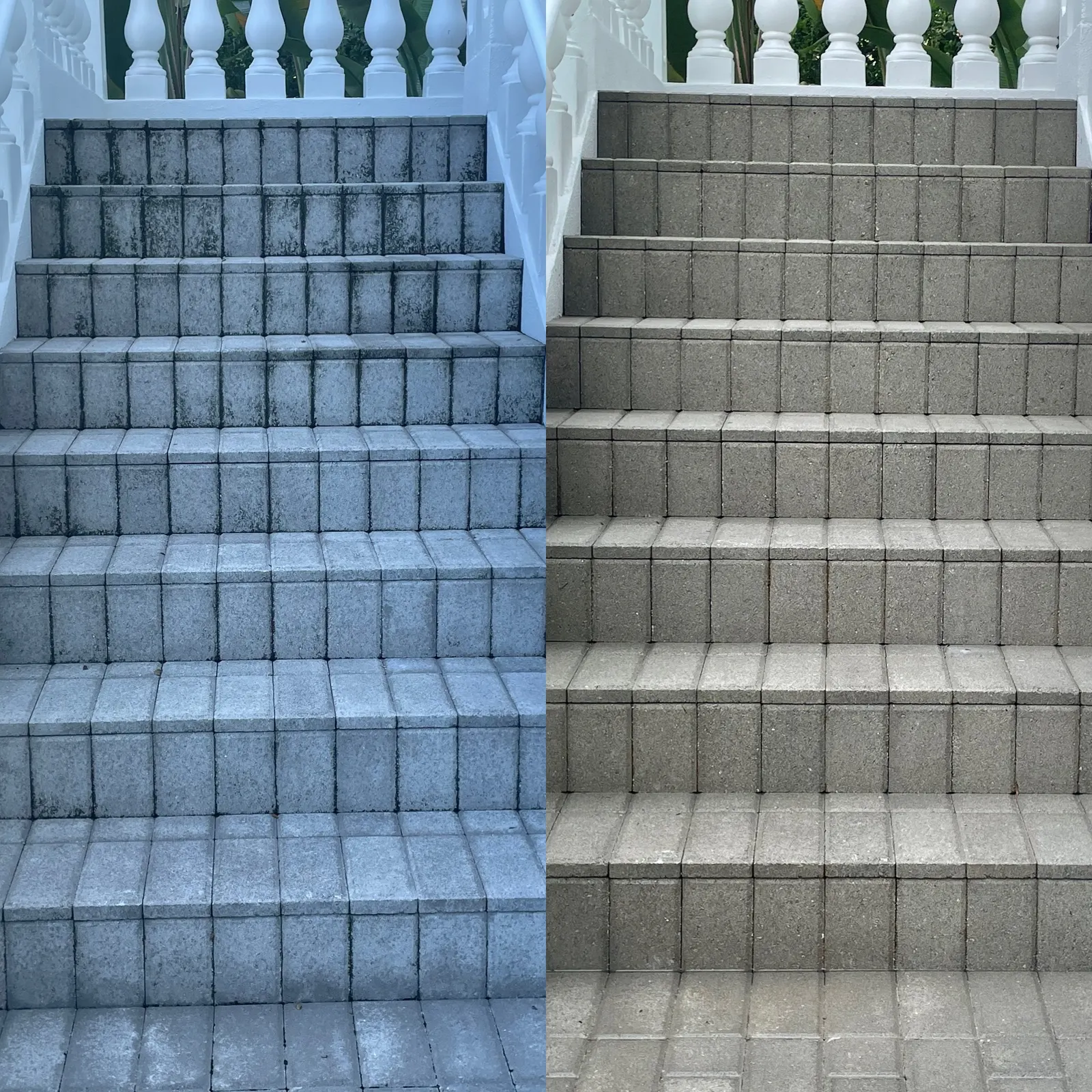 Brick paver staircase before and after cleaning at a Lido Key home