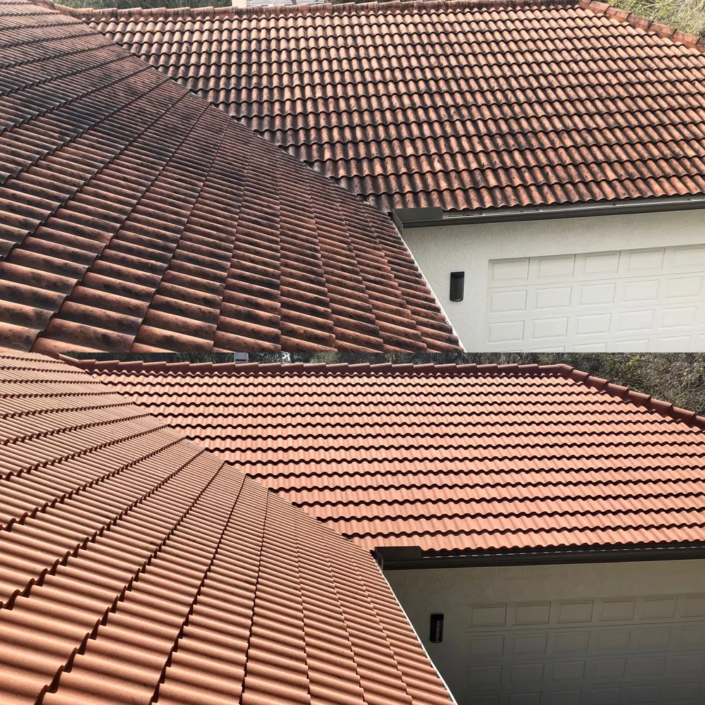 Barrel tile roof before and after soft wash