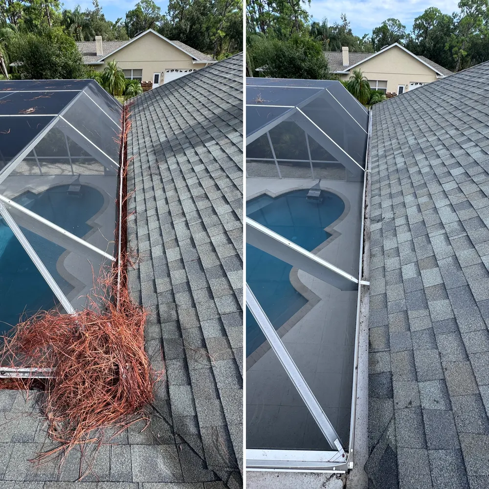 Clogged gutter before and after cleanout