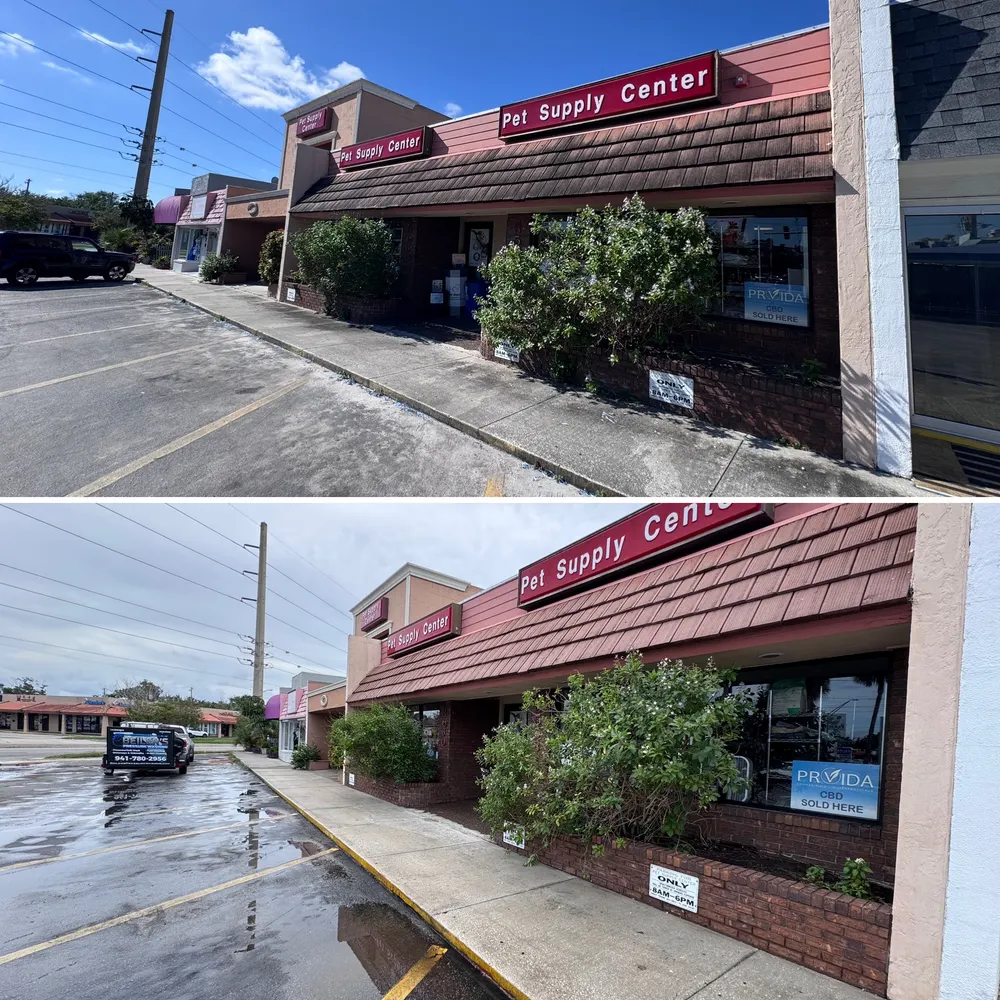 Commercial storefront before and after pressure washing