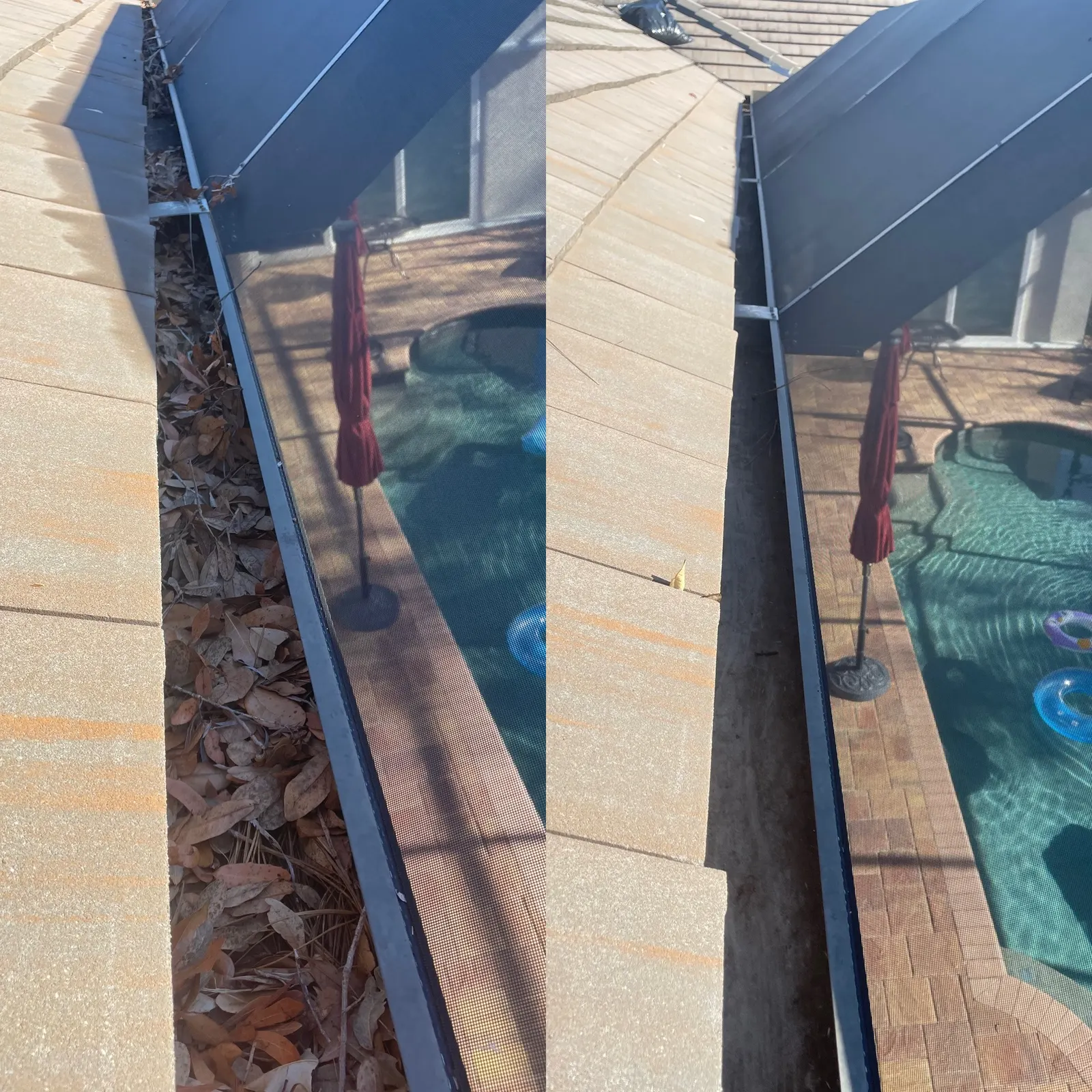 Pool enclosure gutter before and after cleaning