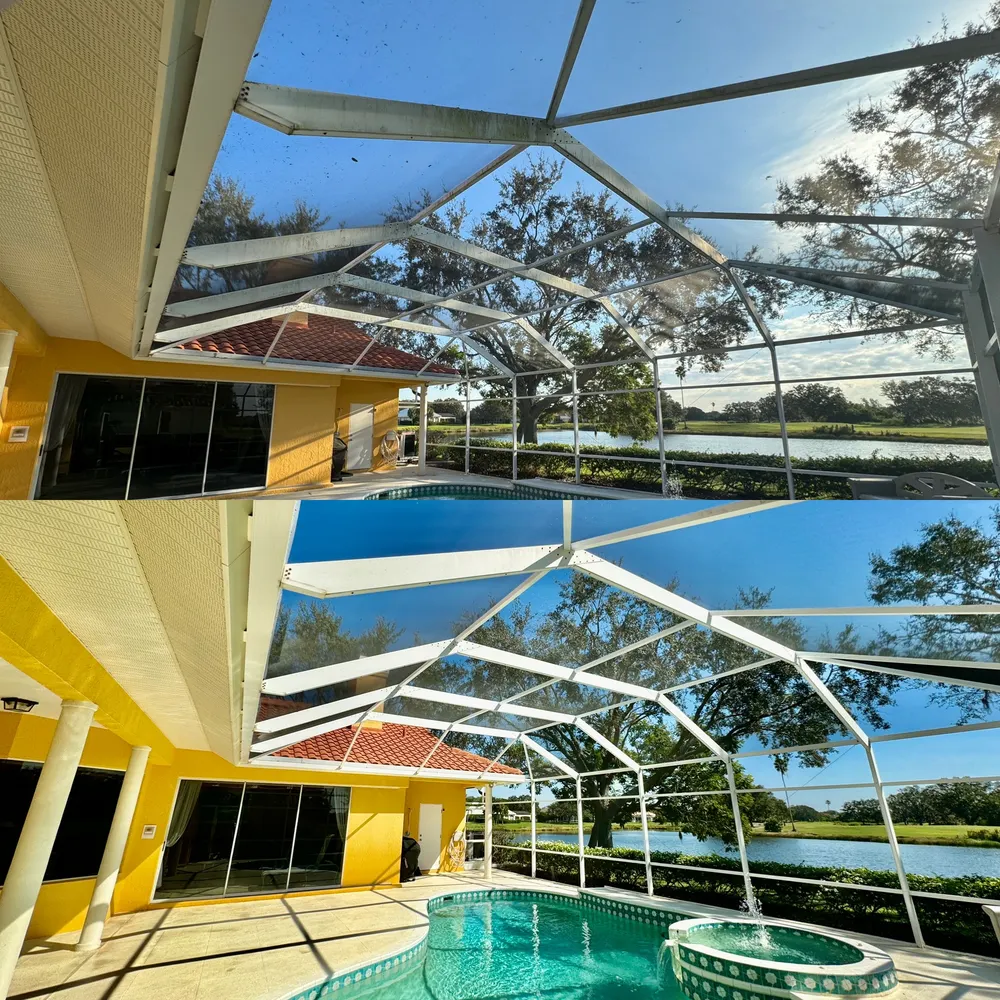 Pool enclosure cage before and after cleaning