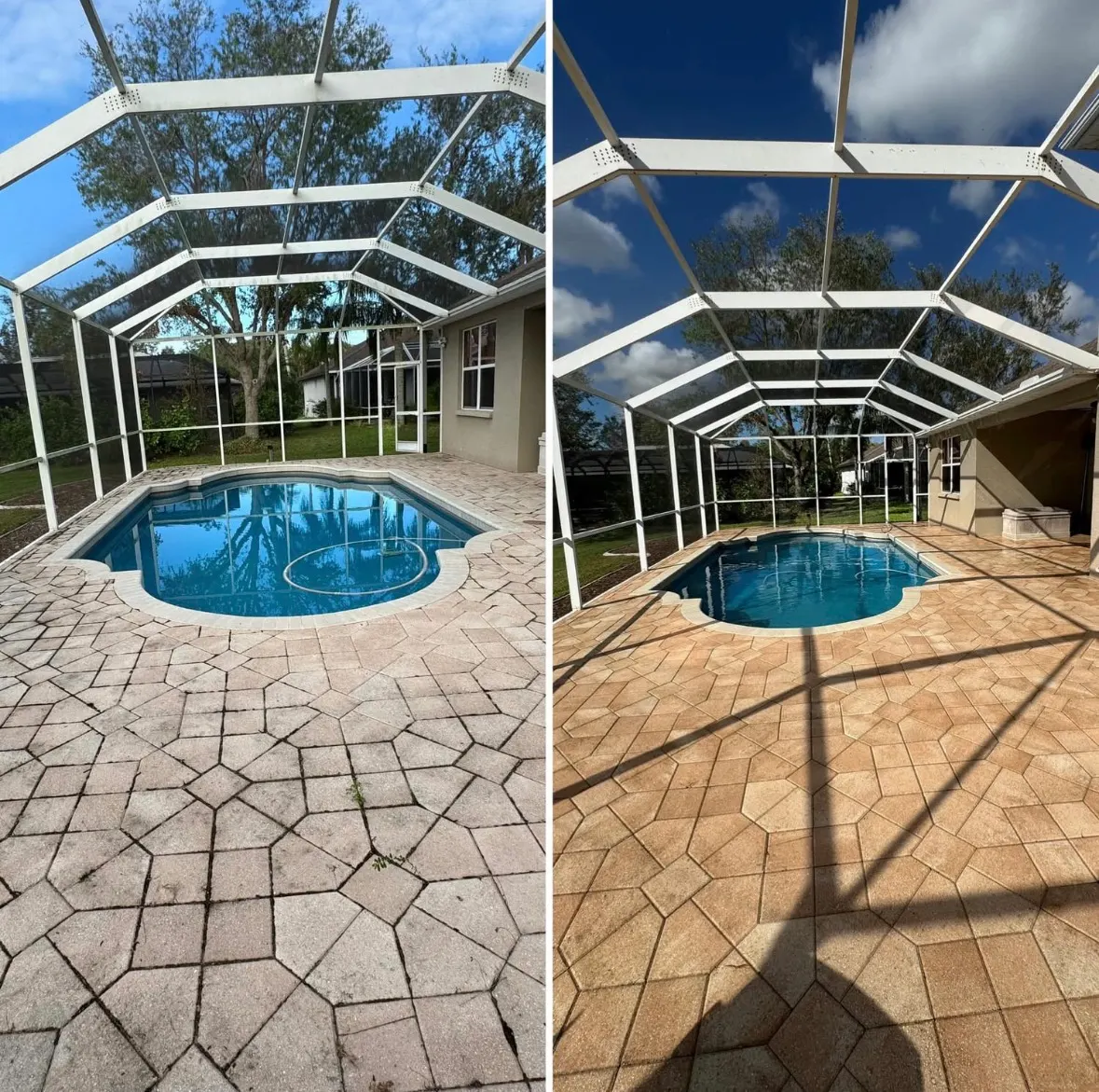 Pool enclosure cage frame, screen, and pavers being cleaned