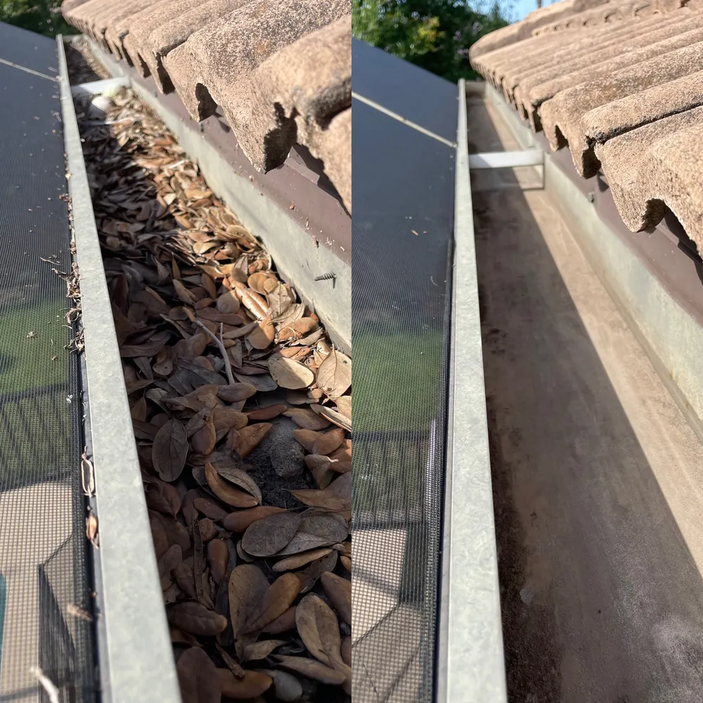 Pool cage gutter before and after cleaning