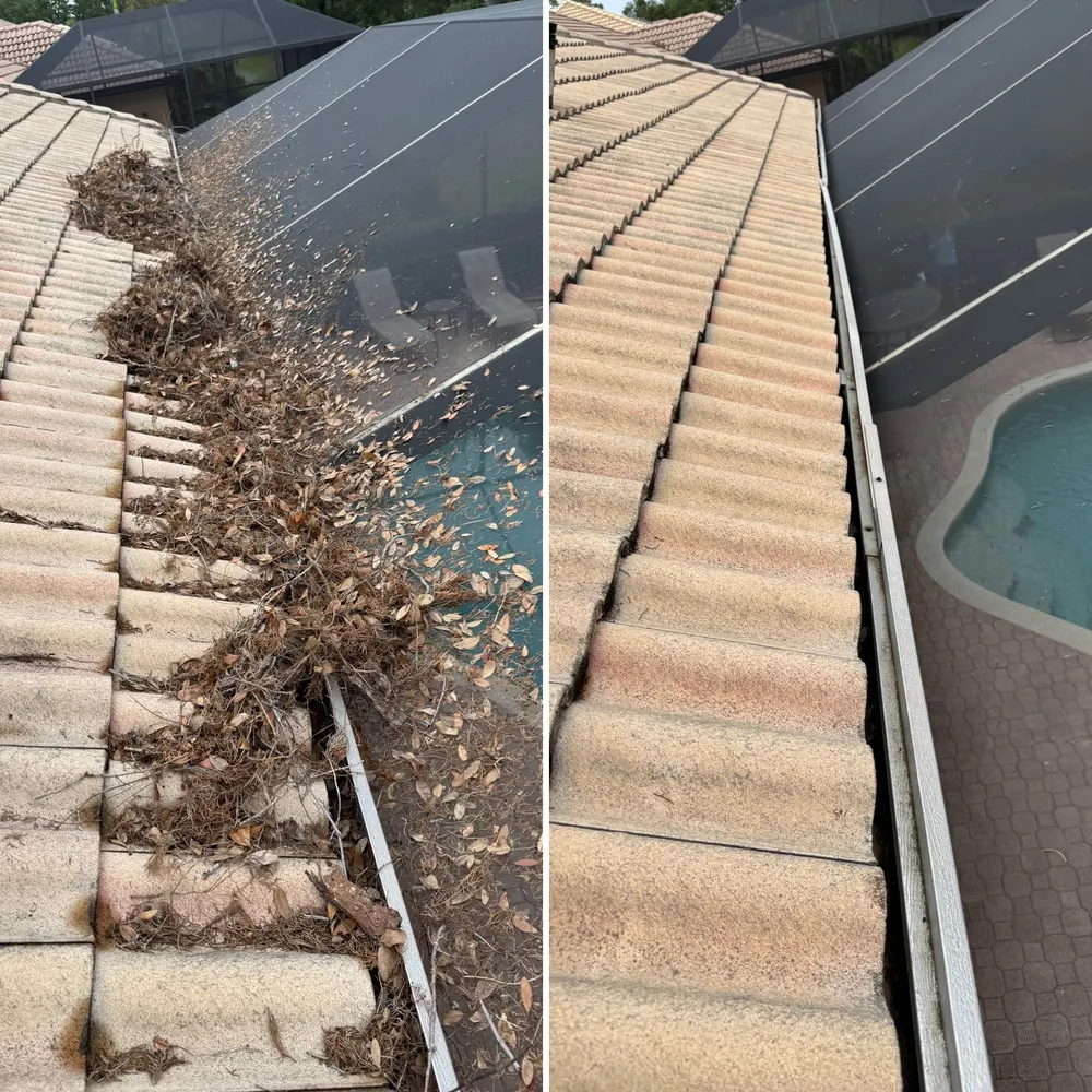 Pool enclosure gutter before and after hand cleaning