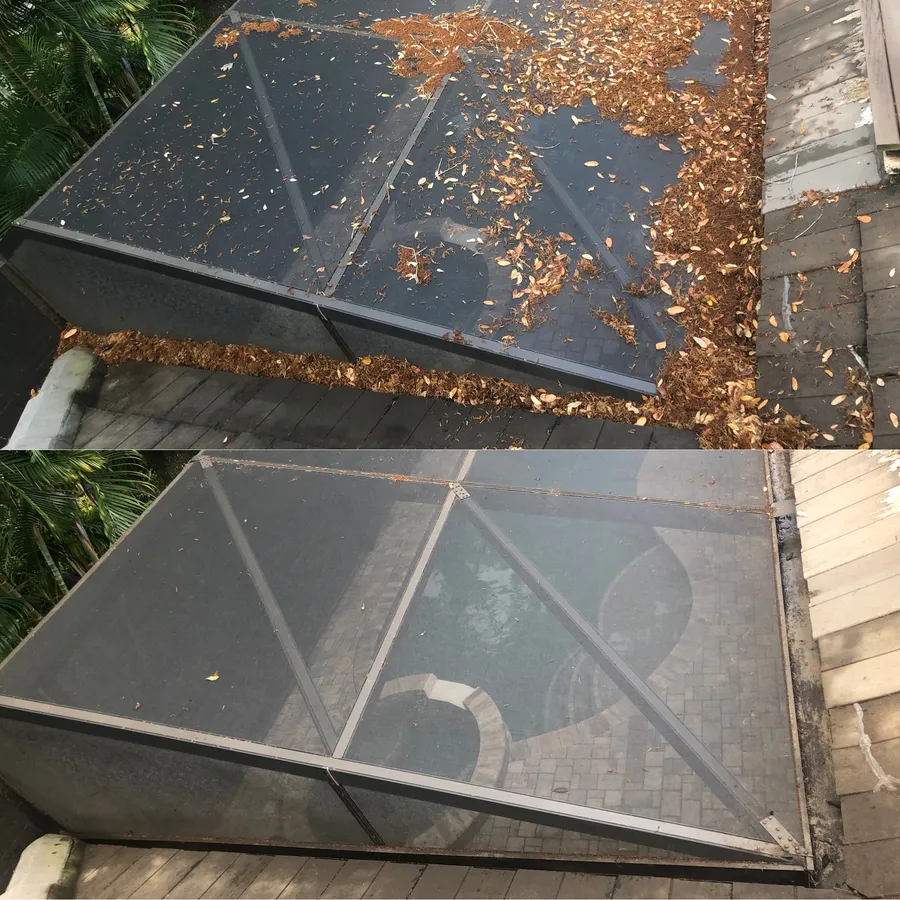 Pool enclosure gutter cleaned before and after