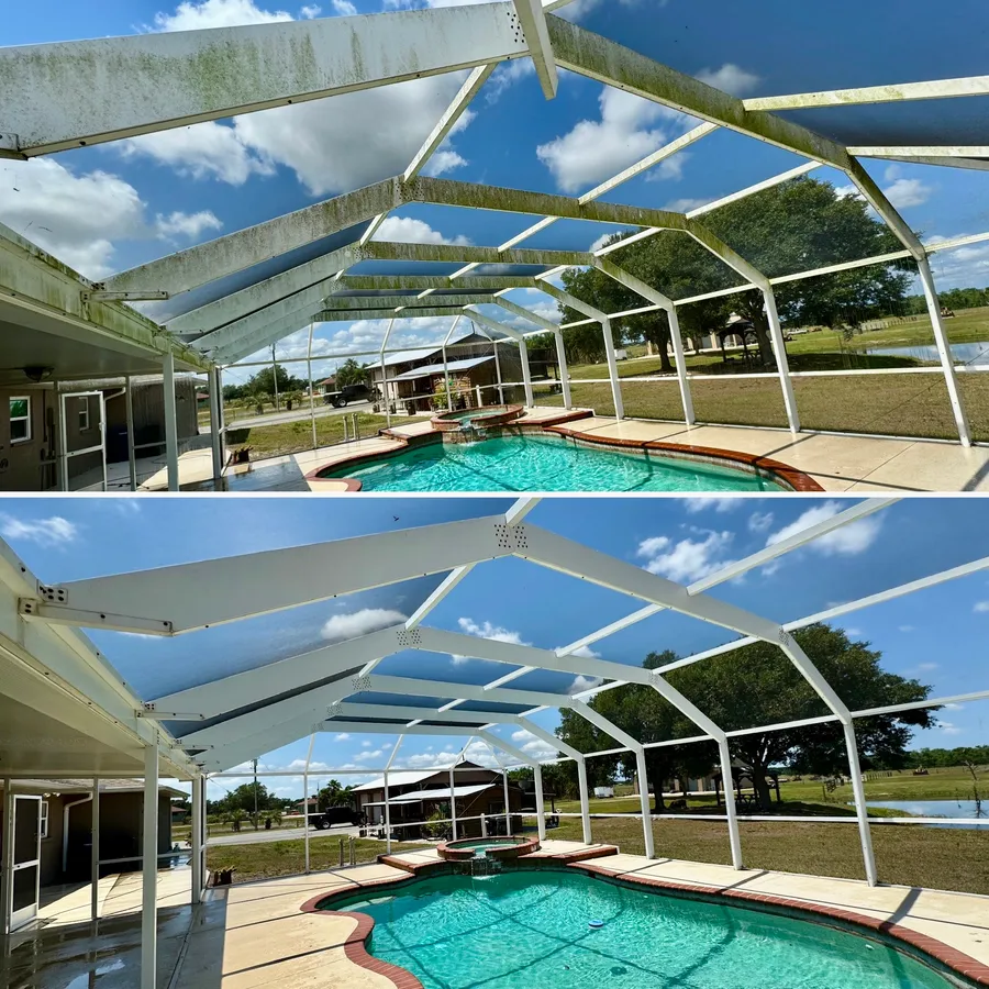Pool enclosure cage before and after cleaning