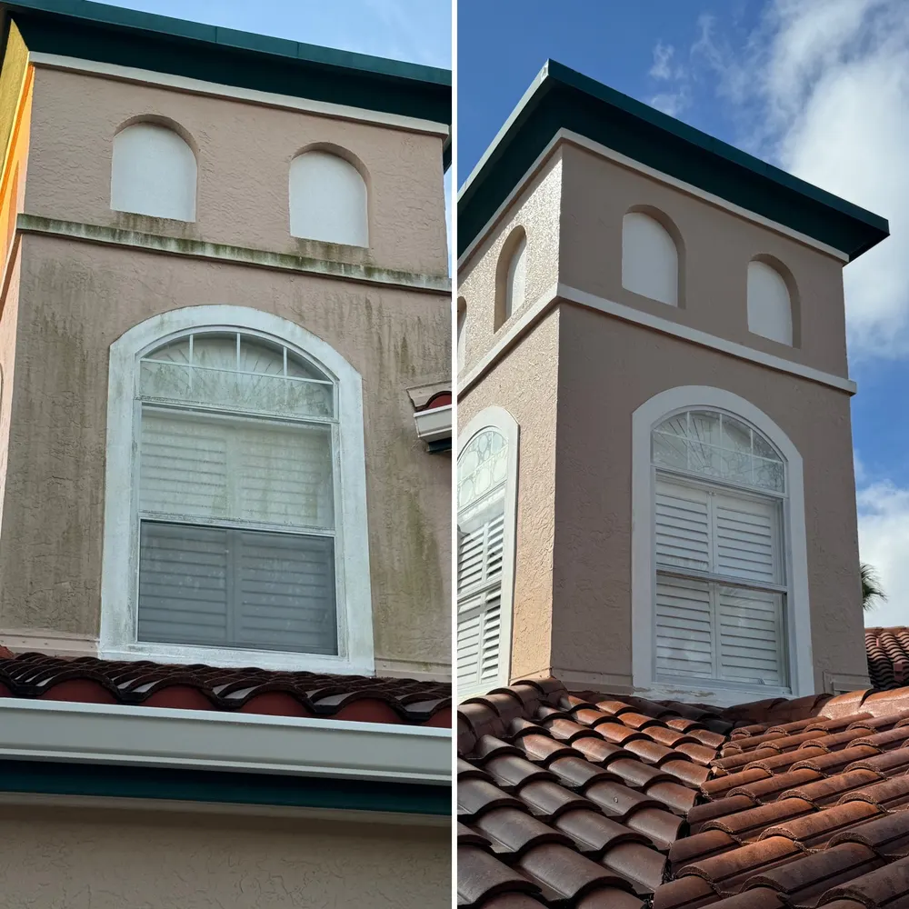 Residential tower exterior being soft washed