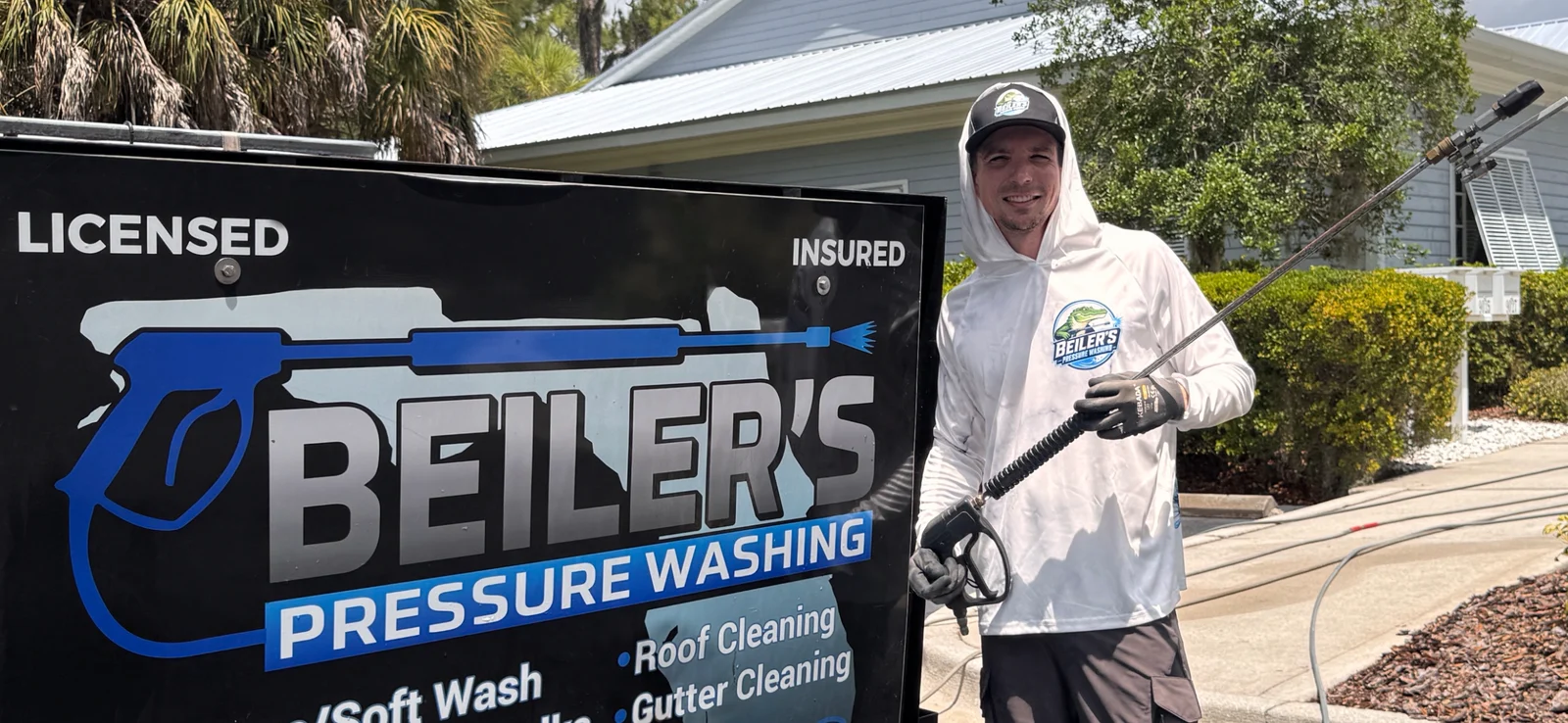 David Beiler standing with his pressure washing wand beside his branded, licensed and insured trailer at a Sarasota job